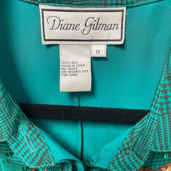 Vintage Diane Gilman Pure Silk Sequin Embellished Horse Print Button Up Green 1X - Picture 7 of 9